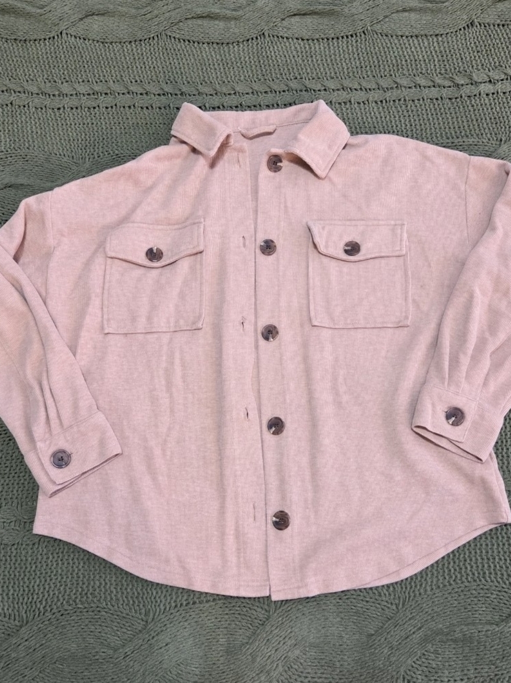Button Up Jacket Collared Shirt Ribbed Shacket Light Brown